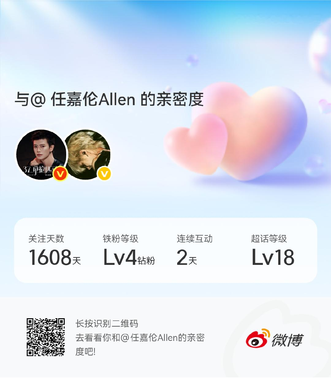 快来看看我与的亲密度！网页链接 微博亲密度与任嘉伦Allen的亲密度