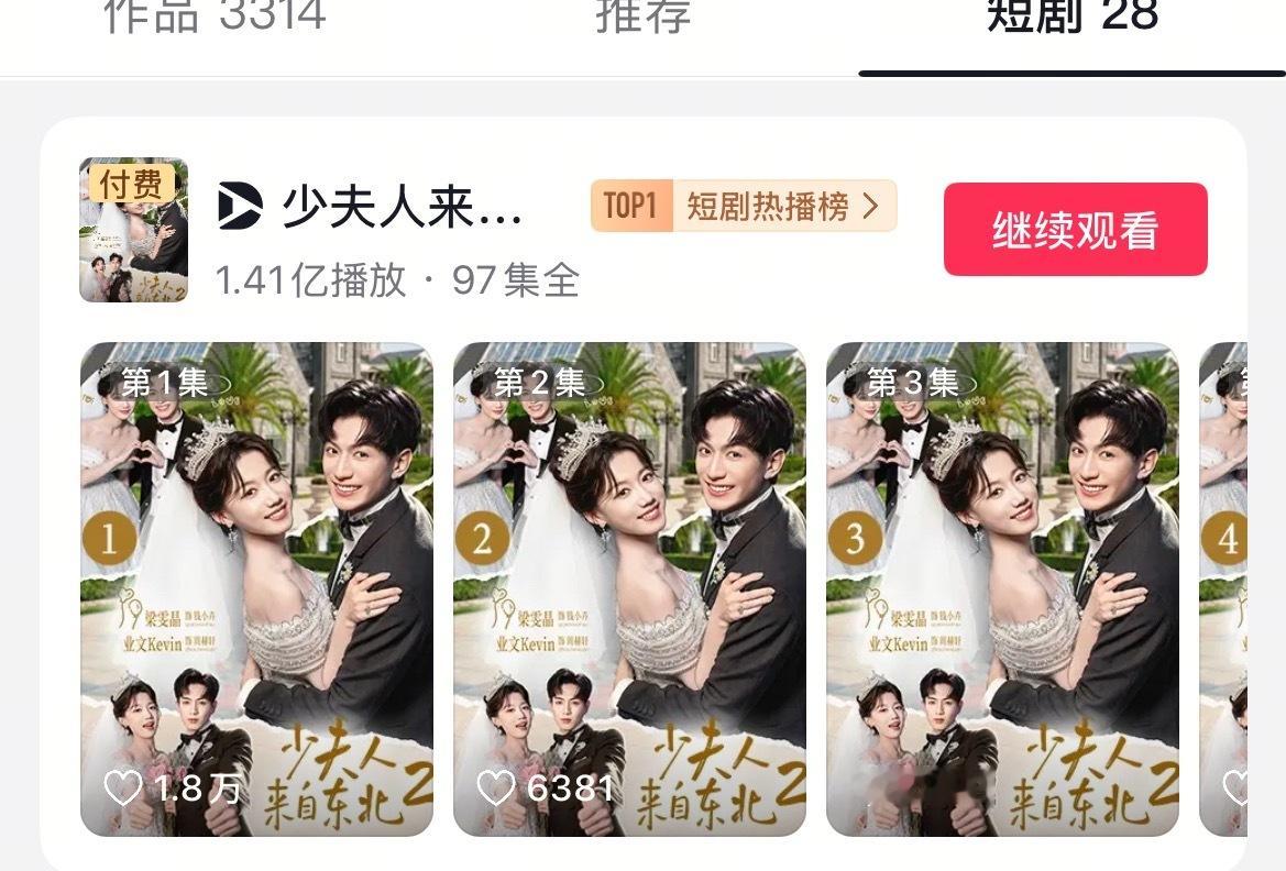 少夫人在东北2不出意外热度破亿了，果子现在付费端也好重要，恭喜梁雯晶业文！！虽然