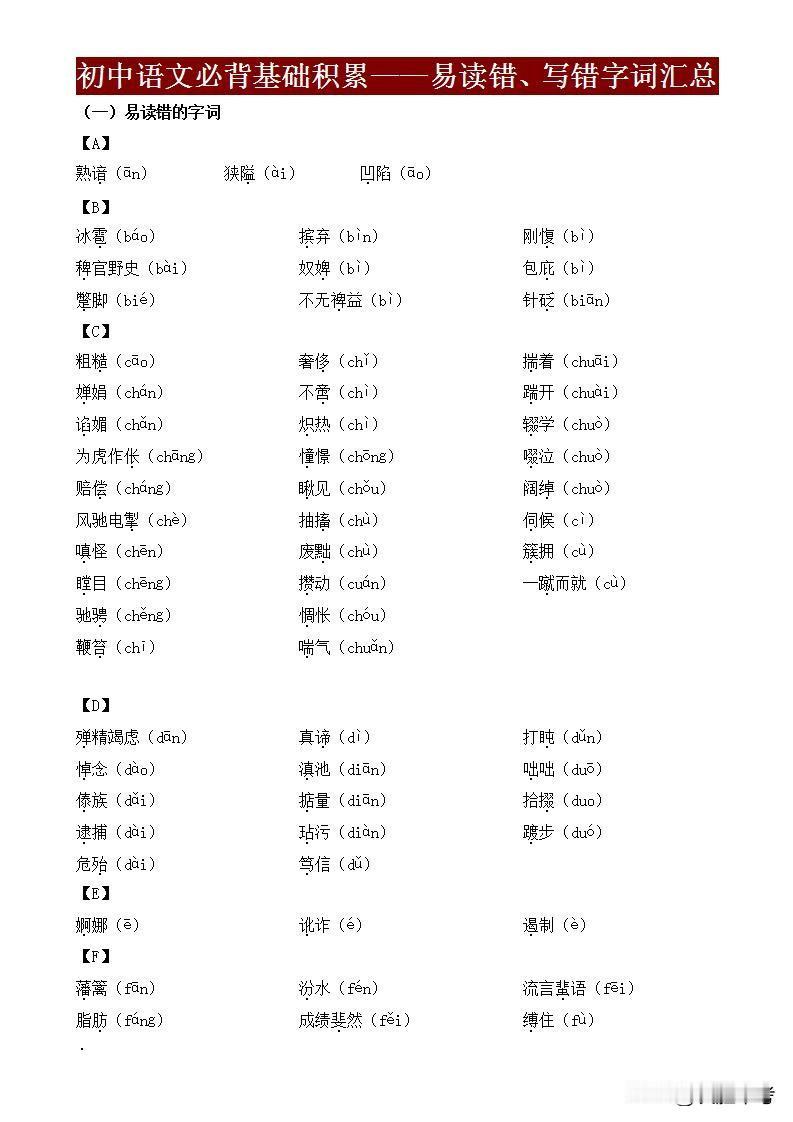 初中家长警惕！这50个易错字音字形，别让孩子1分白丢！（附免费资料）