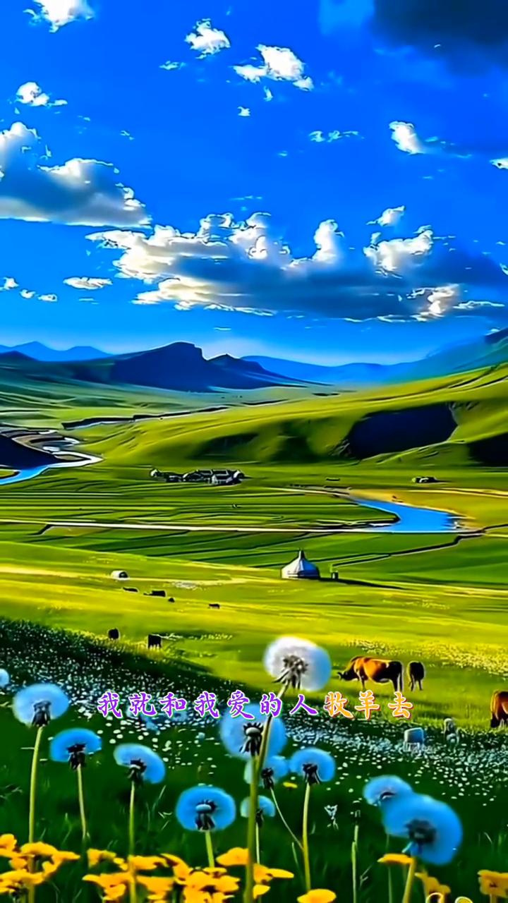 《等到草原花满地》。
等到草原花儿开满地，我就和心爱的人奔向你。眼前是辽阔草原一