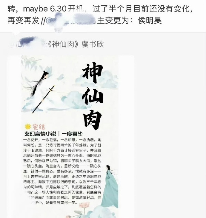 虞书欣、侯明昊要合作《神仙肉》了，改名为念相思，原网传男主何与不演了？ 