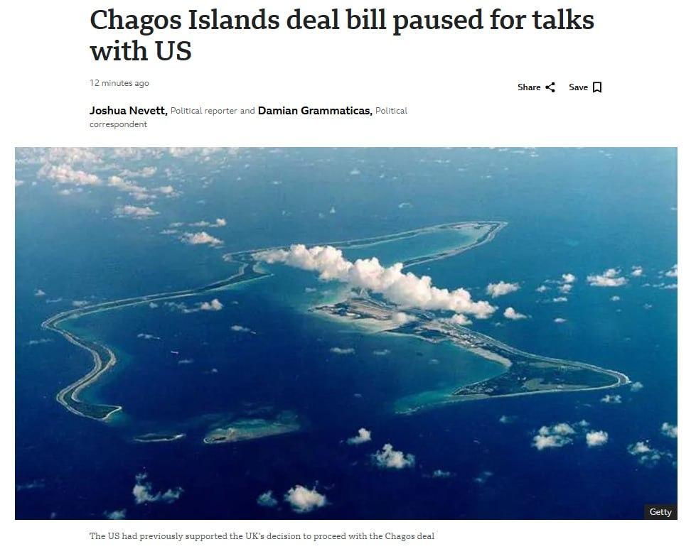 据英国广播公司（BBC）援引一位部长的话称，英国正暂停将查戈斯群岛移交毛里求斯的