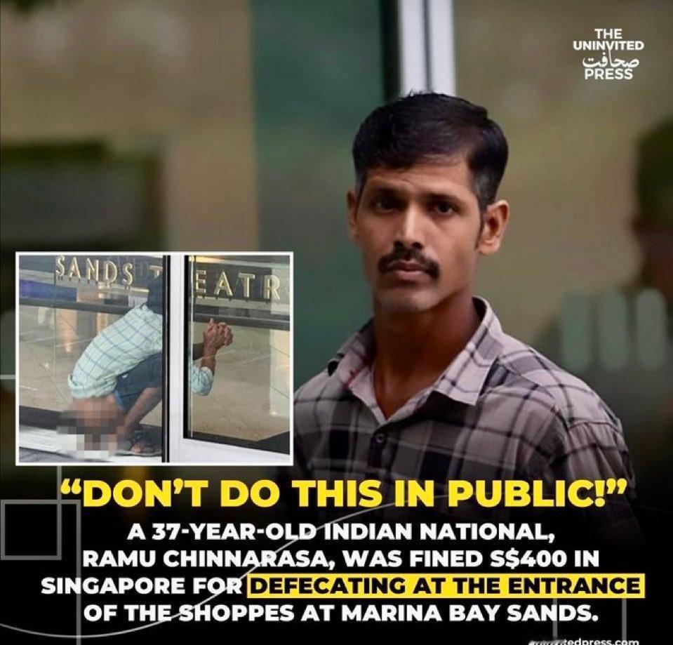 一名37岁的印度籍男子拉姆·钦纳拉萨因在新加坡滨海湾金沙购物中心入口处排便而被罚