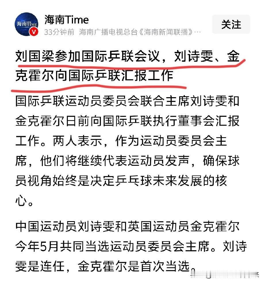 根据报道:刘国梁参加国际乒联会议，刘诗雯、金克霍尔向国际乒联汇报工作！

这几天