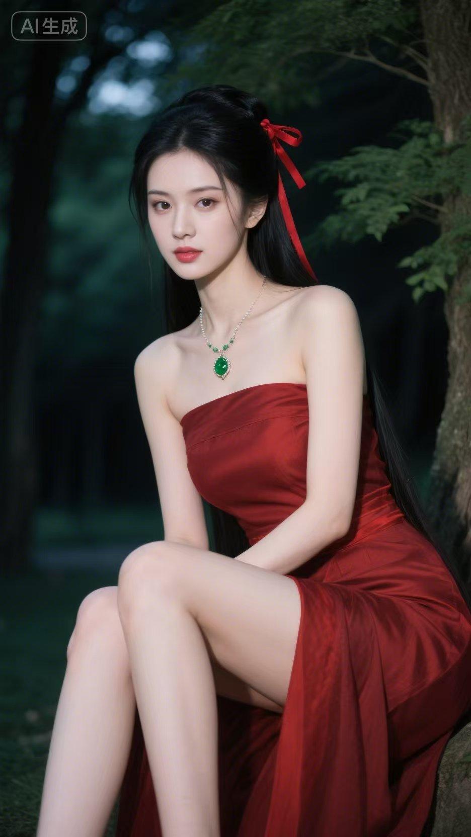 绝句  幽夜佳人
暗林幽径夜初凉，
一抹红妆衬玉光。
翠佩垂胸凝秀色，
眸中清冷