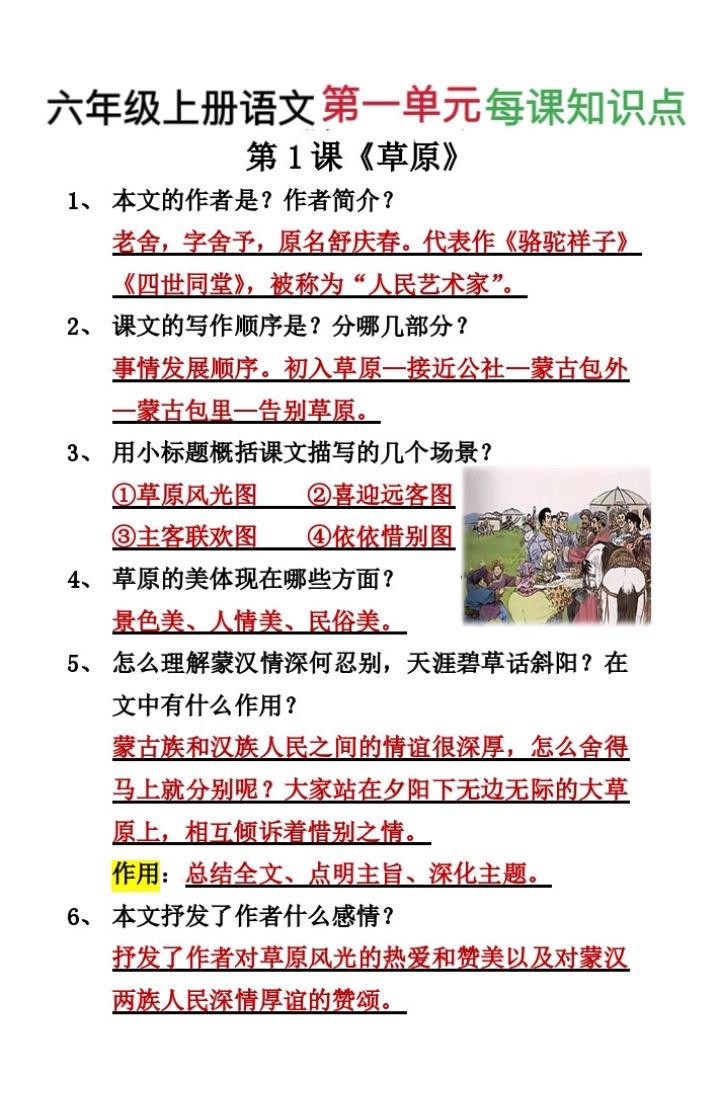 六年级上册语文第一单元每课知识点总结。