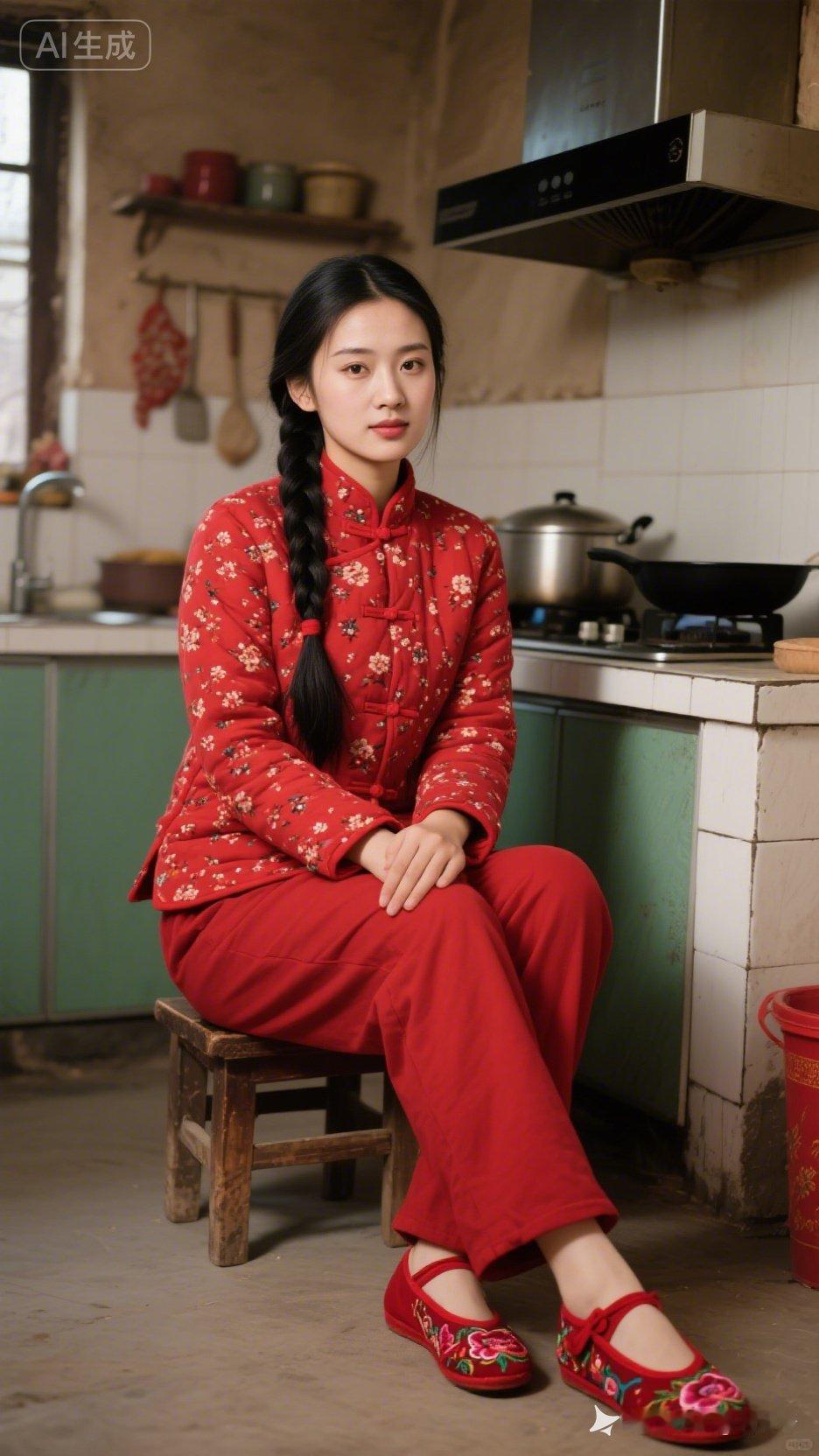 传统与现代的碰撞，红衣少女坐于厨房，静待美食出炉。