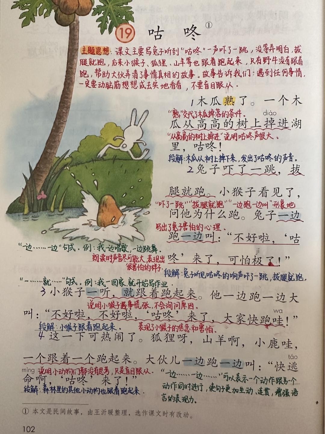 一年级下册语文，第八单元阅读19《咕咚》课堂学习笔记，收藏复习一年级语文