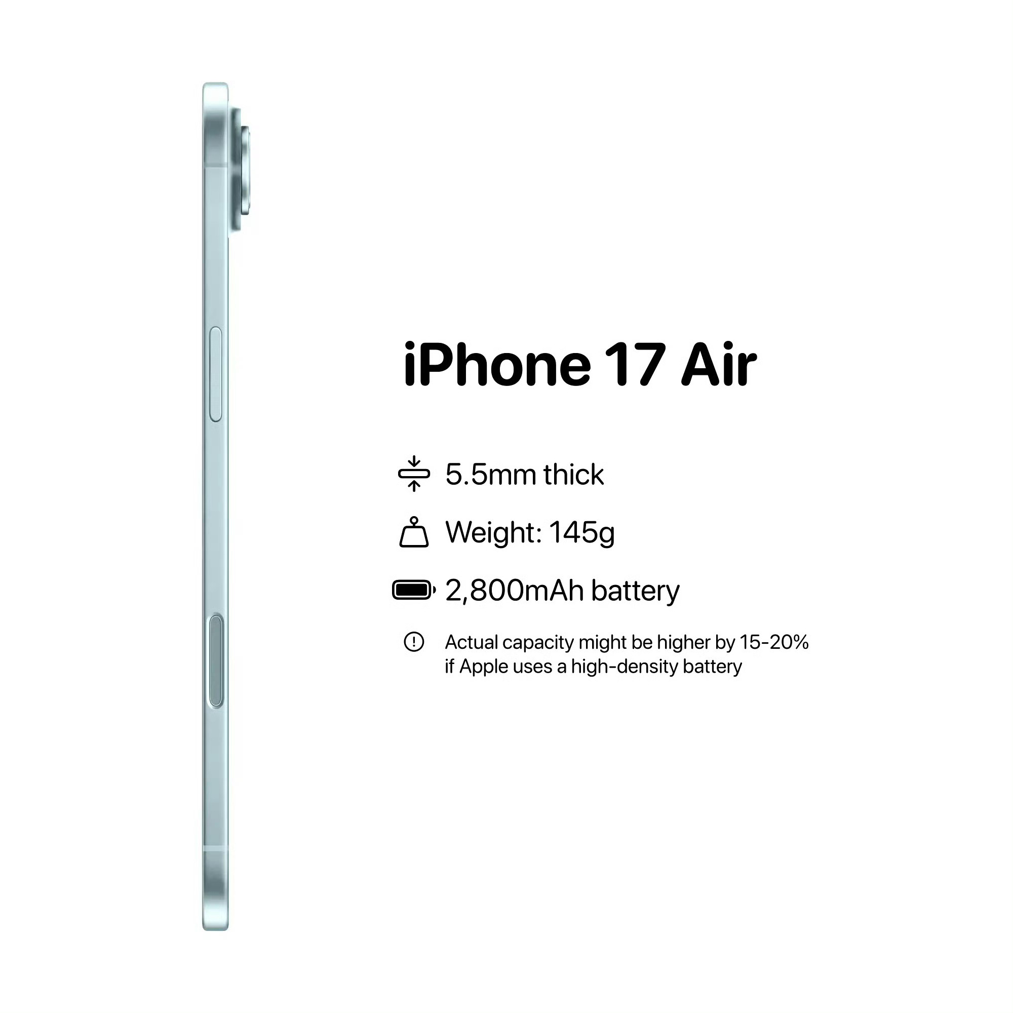 苹果最薄iPhone17Air再曝Air厚度5.5mm，A19处理器，4800后