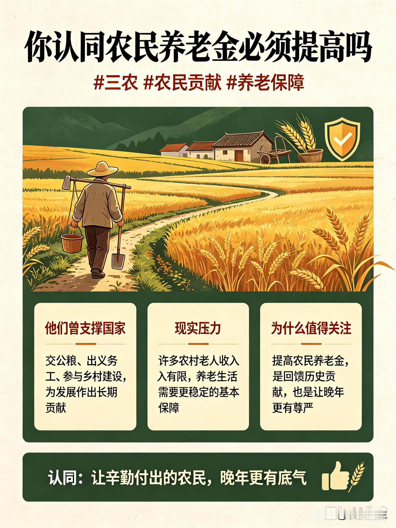 我认同应当逐步提高农民养老金。老一辈农民当年上交公粮、出义务工，默默为国家建设作