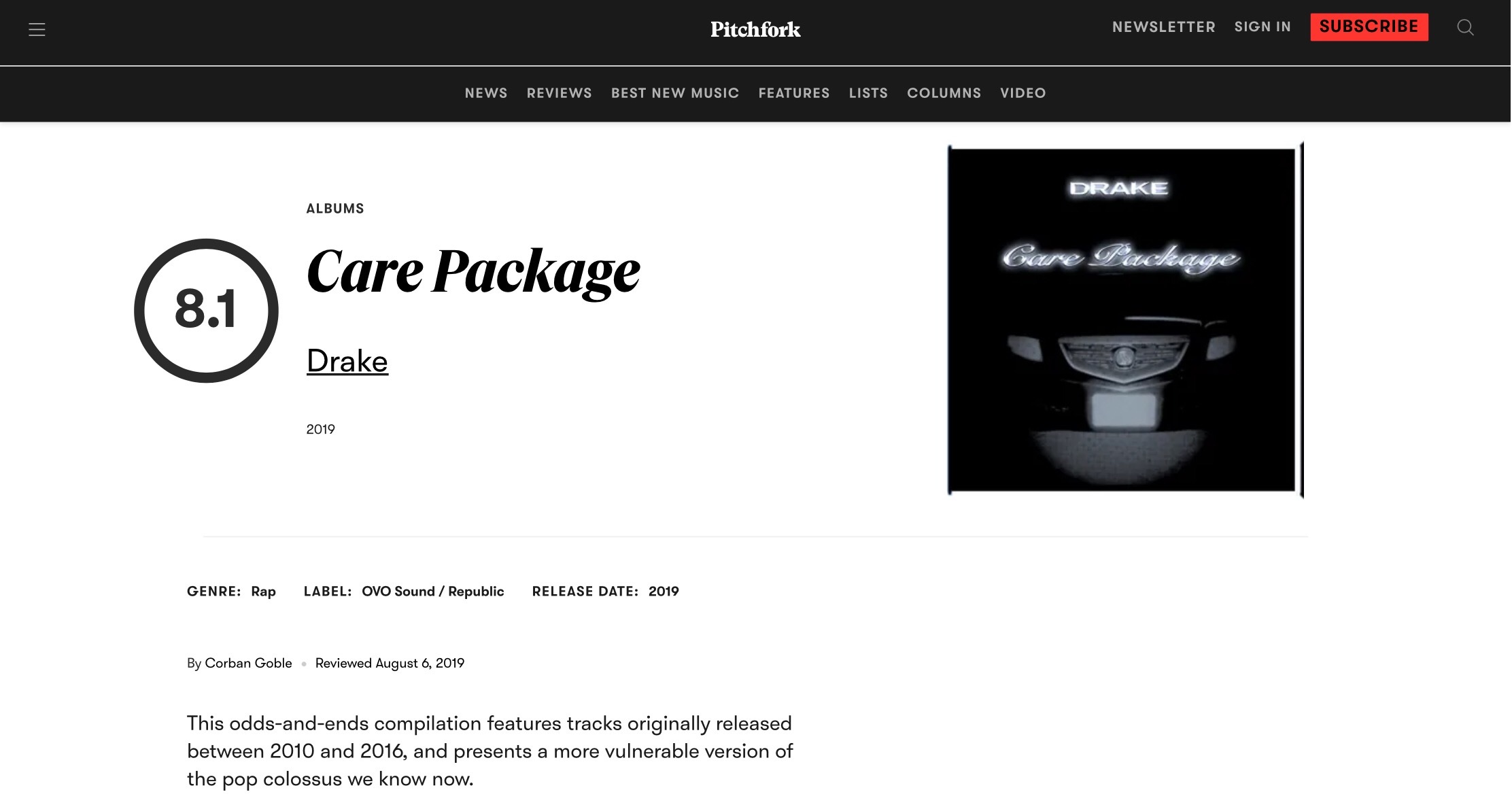 【乐评历史】乐评机构 Pitchfork 为 Drake 各专辑评分一览： 