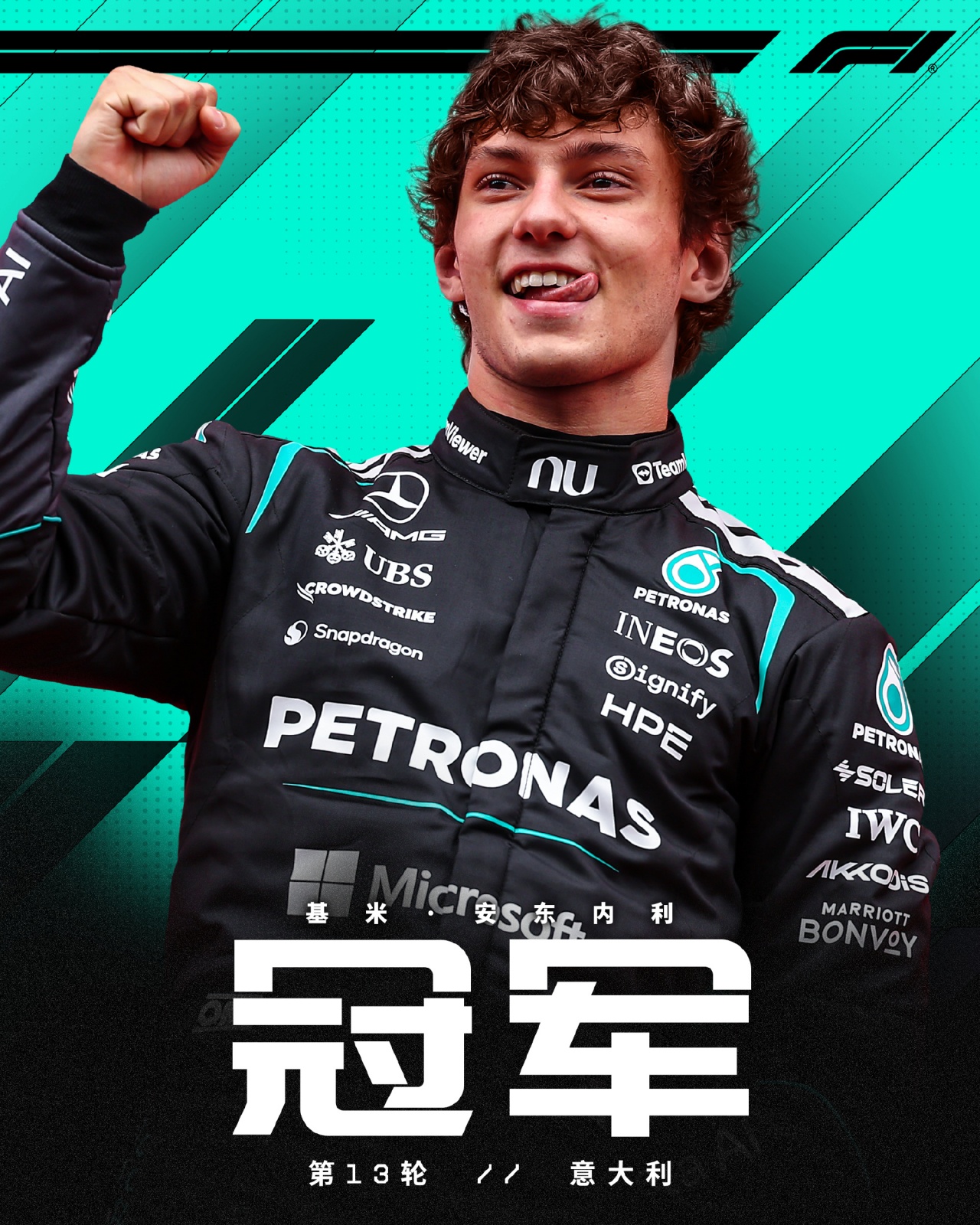 F1意大利正赛：安东内利第19位发车夺冠，拉塞尔、维斯塔潘分列23