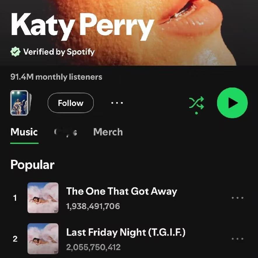 冷知识：“The One That Got Away”的Spotify播放量在5