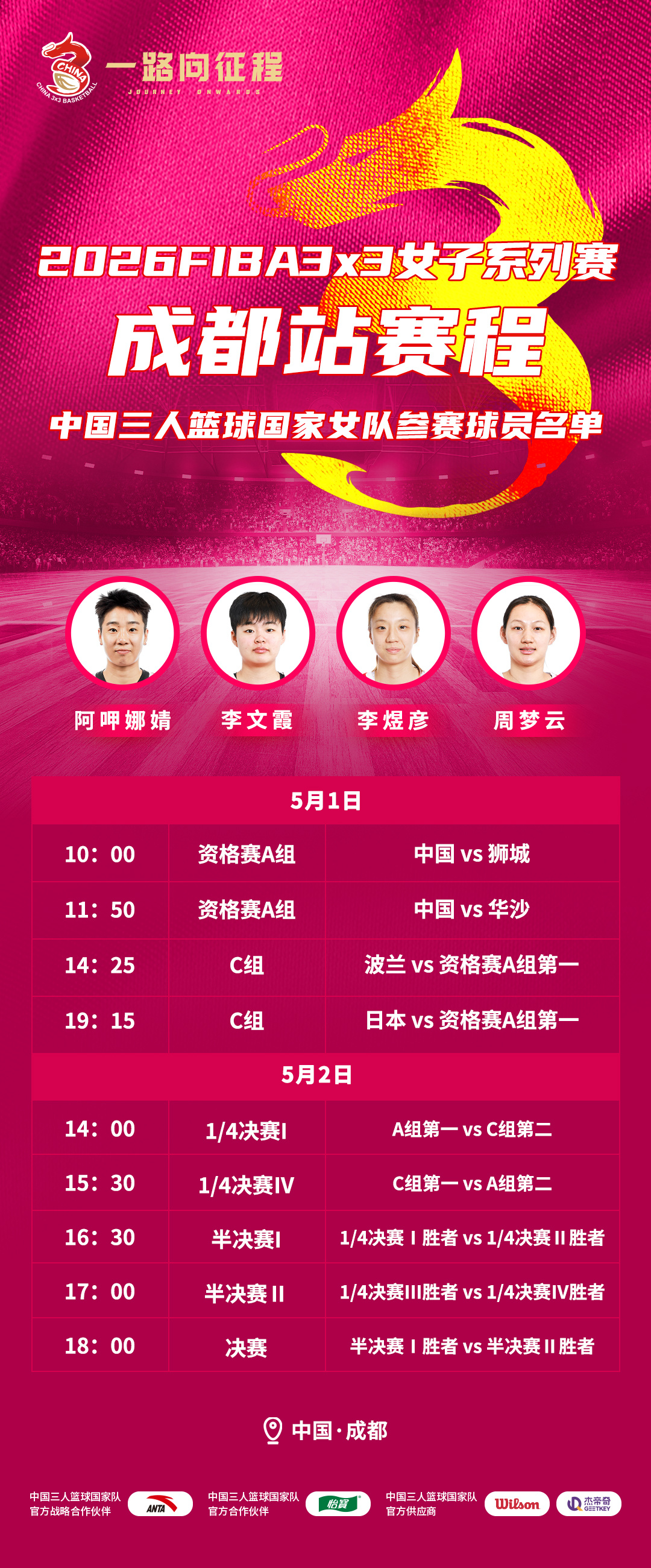 5月1日，2026FIBA3x3女子系列赛成都站将在成都高新区交子音乐广场拉开帷