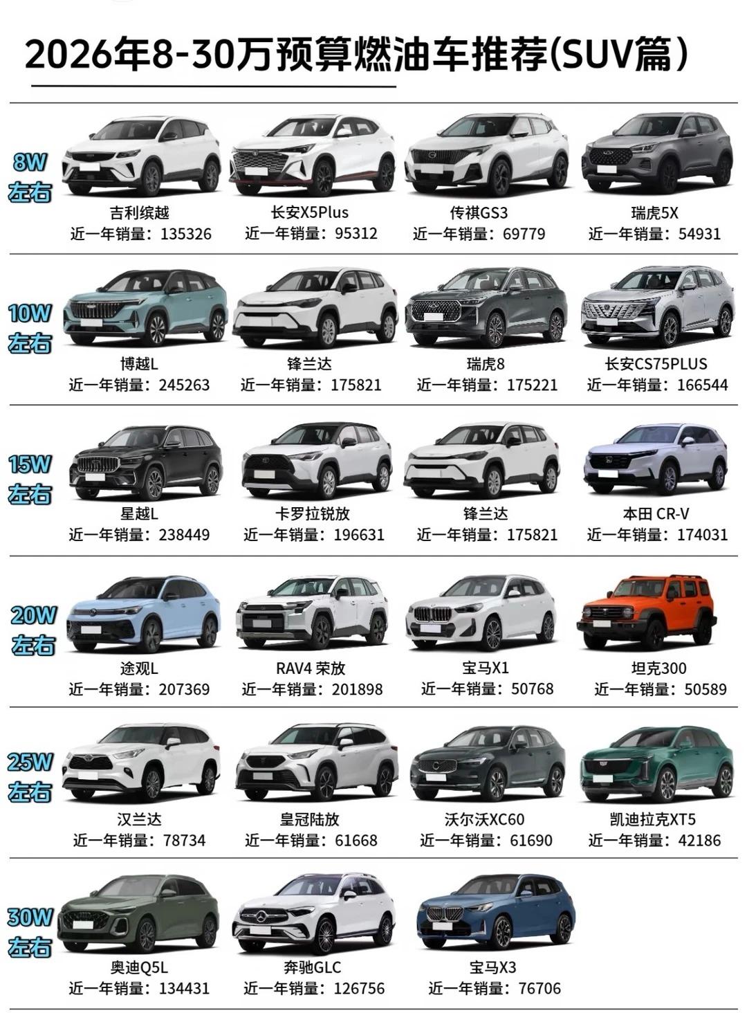 8-30 万燃油 SUV 选购指南
如今新能源热度高涨，但不少人依旧偏爱燃油车加
