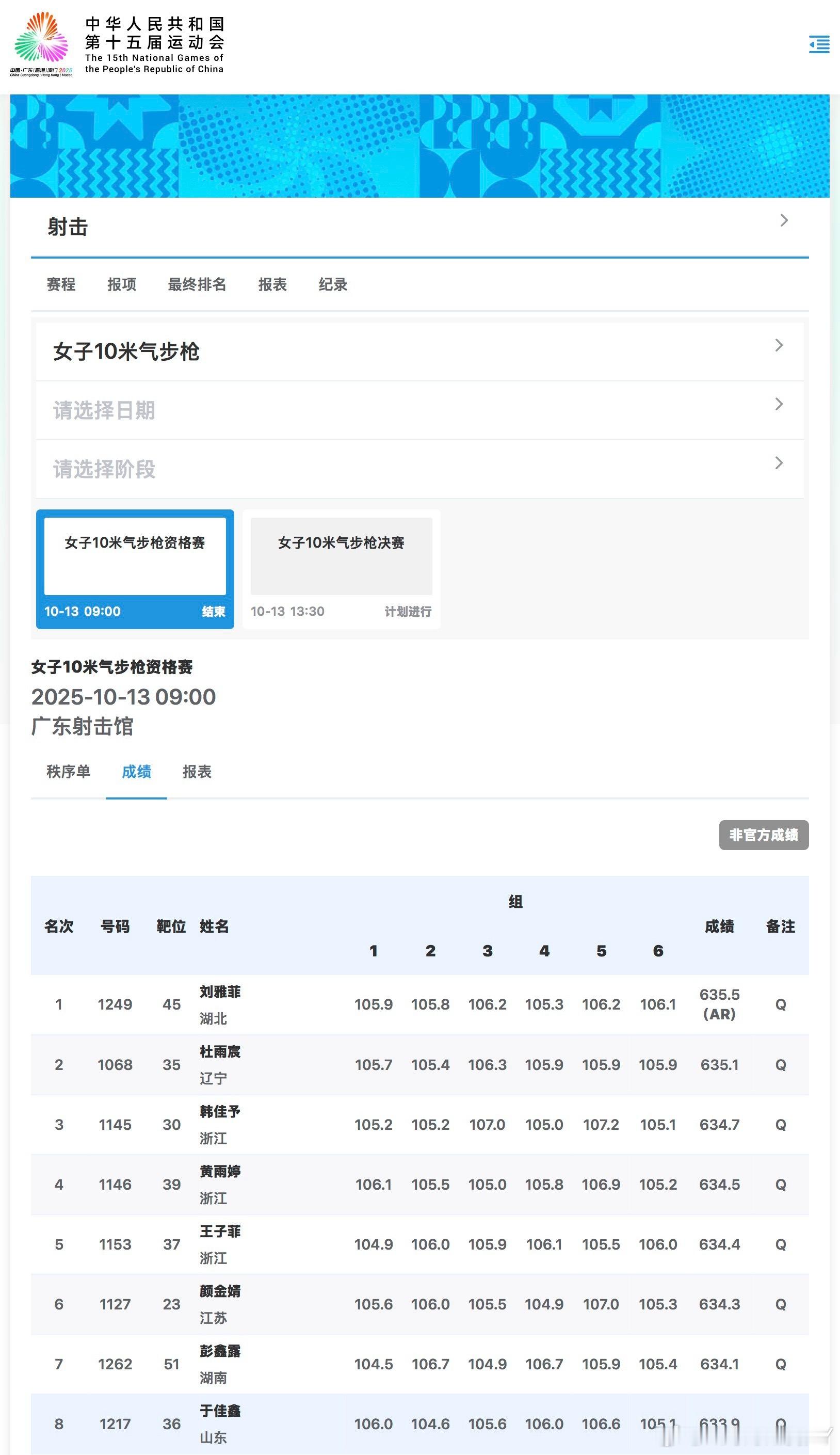 2025大湾区全运会女子十米气步枪晋级决赛运动员↓刘雅菲（湖北）超亚洲纪录晋级决