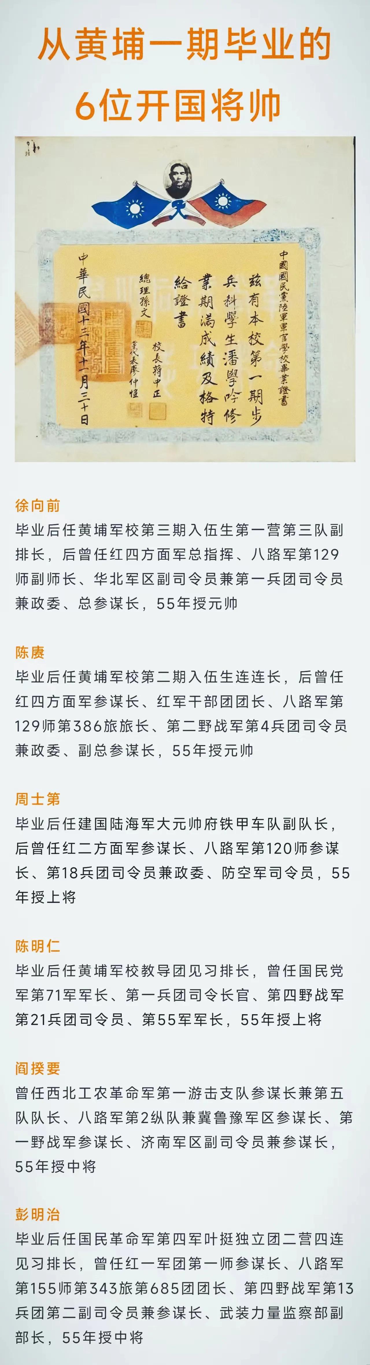 徐向前元帅从黄埔一期毕业后任副排长；
陈赓大将从黄埔一期毕业后任连长；
周士第上