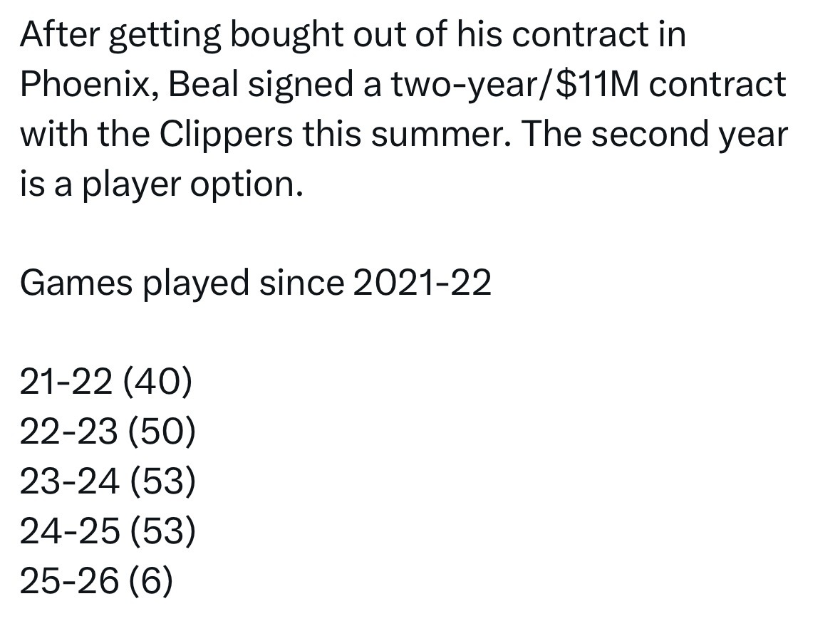 躺着赚钱……比尔休赛期与太阳达成买断后，与快船签约加盟的，比尔与快船签下了一份2