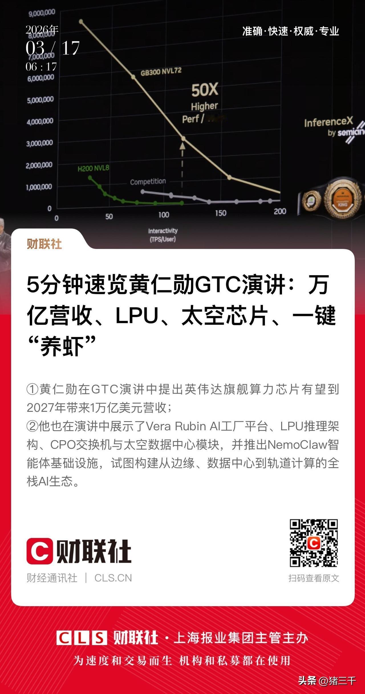 英伟达科技盛宴投资重点：
1.英伟达描绘2027年营收一万亿美元；
2.英伟达采