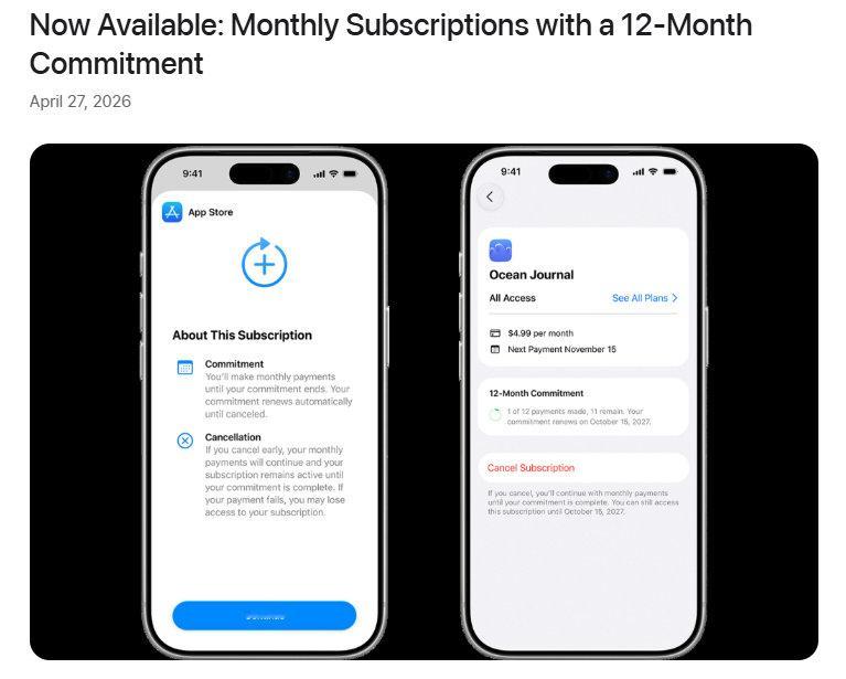 【苹果AppStore推出分期订阅，用户可随时取消但需完成已承诺期数】苹果12个
