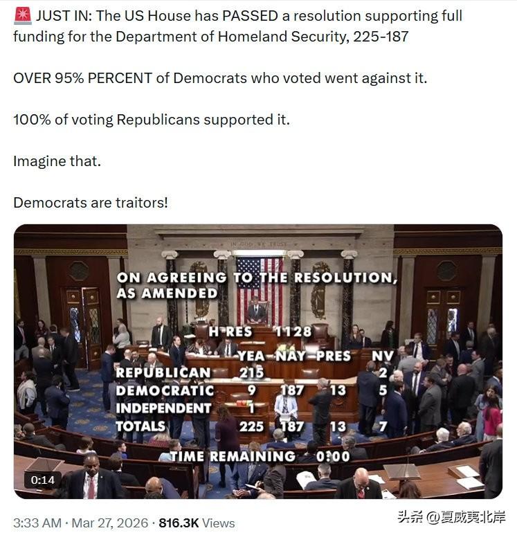 🚨 最新消息：美国众议院以225票赞成、187票反对通过了一项支持为国土安全部