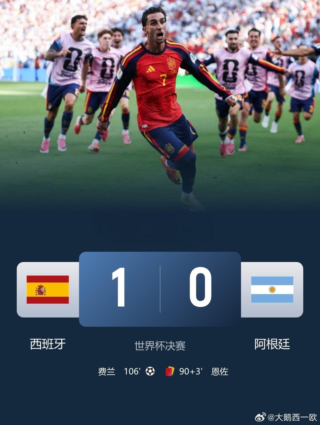 世界杯 西班牙加时1-0阿根廷 ，西班牙时隔16年再次夺得世界杯冠军🏆 