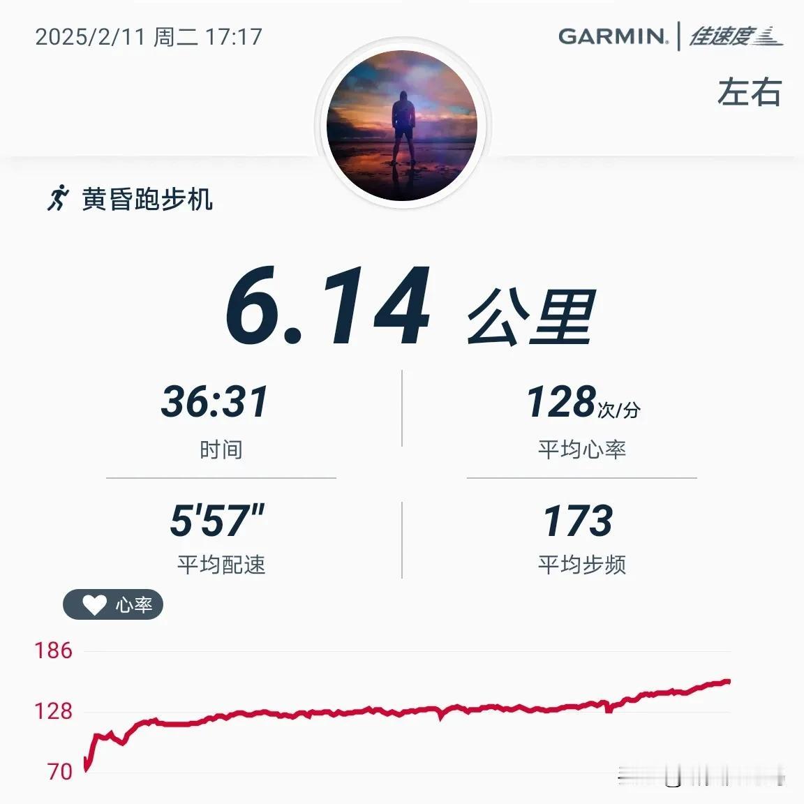 2025.2.11，跑步机6.14公里，用时36分31秒，平均配速557，平均心