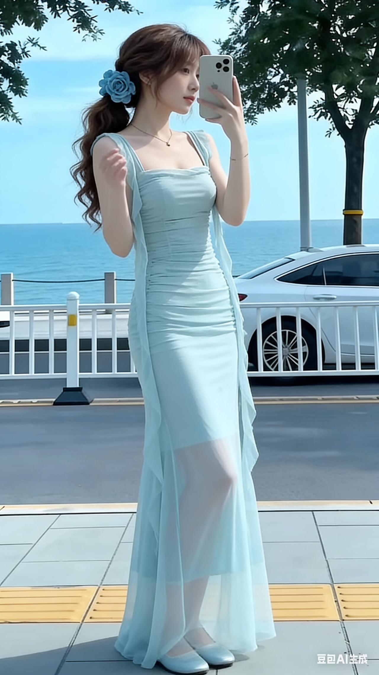 海边漫步，浅蓝色连衣裙，清新自然，拍照打卡好时光！🌊👗📸
浅绿鸢尾度假裙 