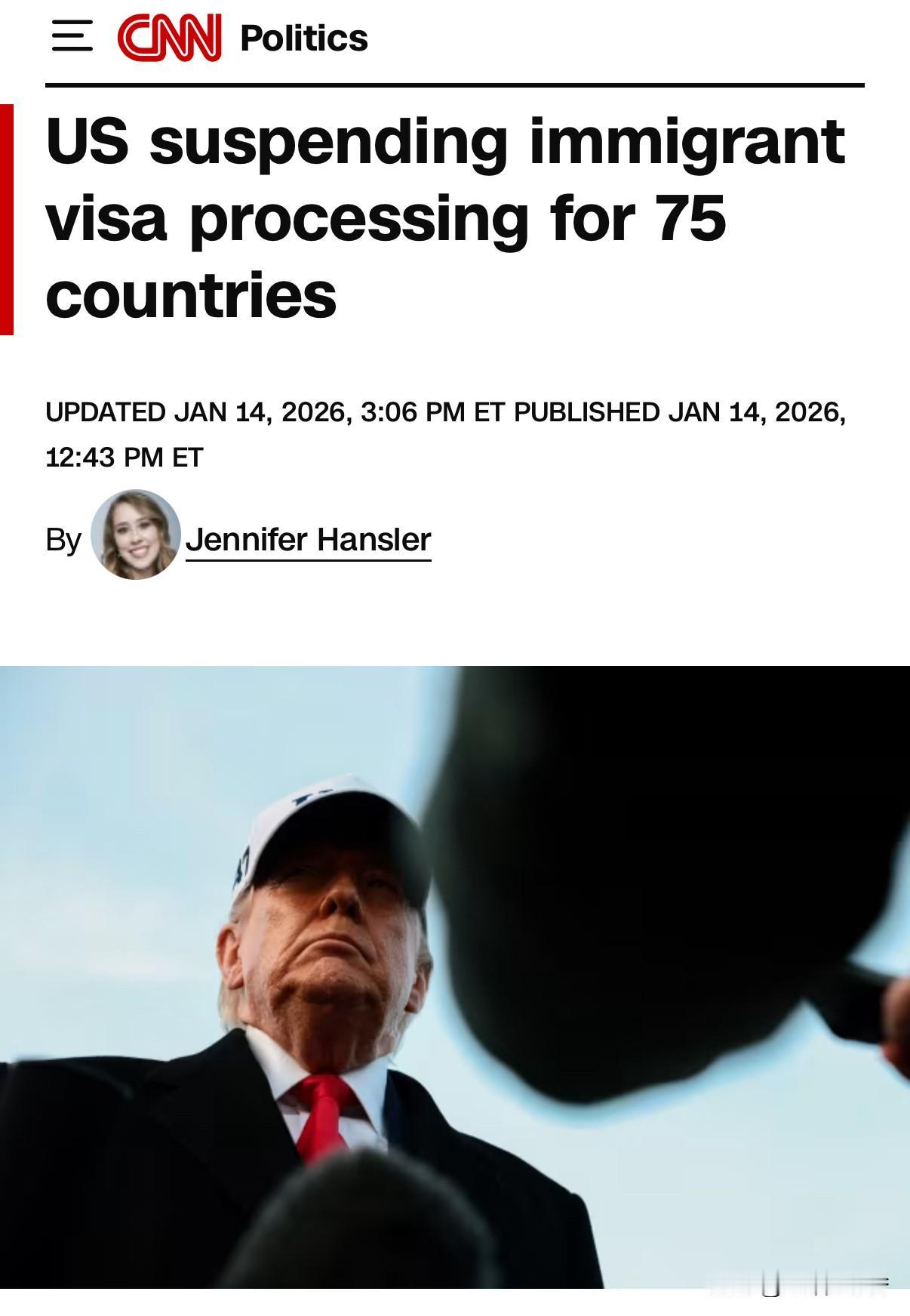 川普宣布将从1月21日起暂停给75个国家发放移民签证，据美国官员称，受暂停处理移