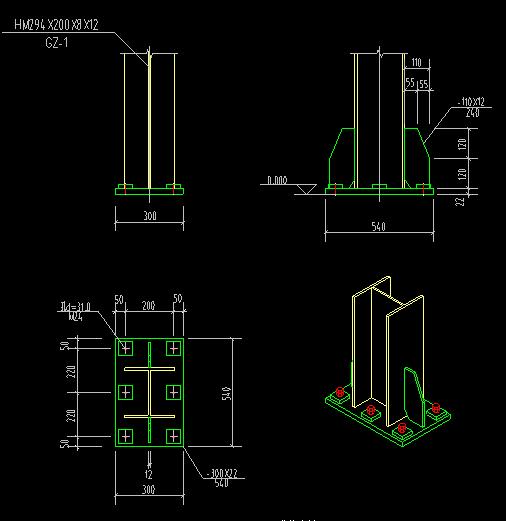 二层钢结构钢柱HM294*200柱脚做法，注意螺栓数量和筋板的设置，底板的厚度。