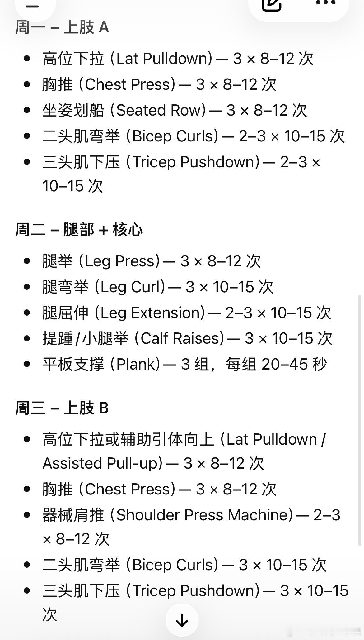 米哥跟我说他现在制定的一周健身计划，每天按这个流程来练，我看了一下。。。没看明白