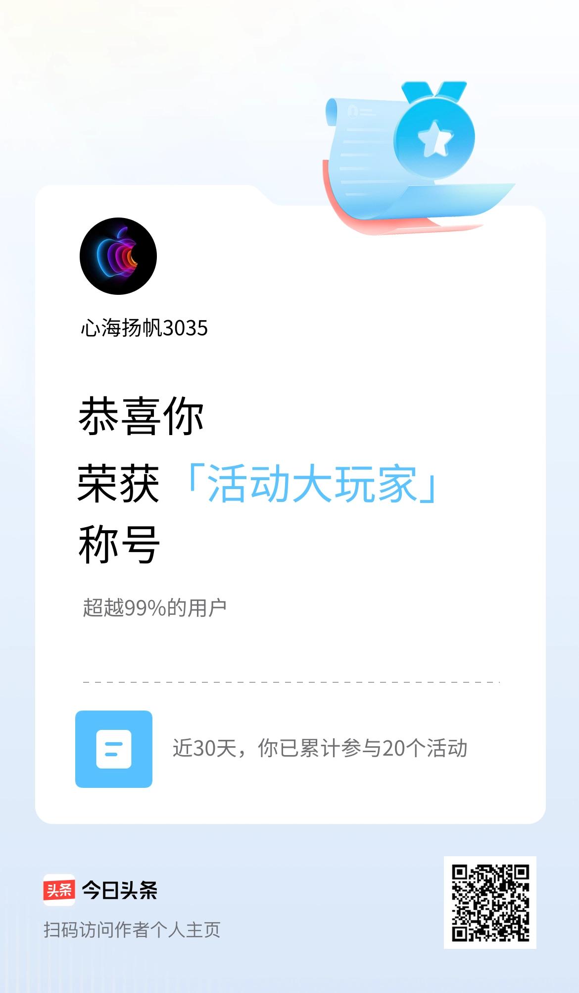 我在头条获得「活动大玩家」称号