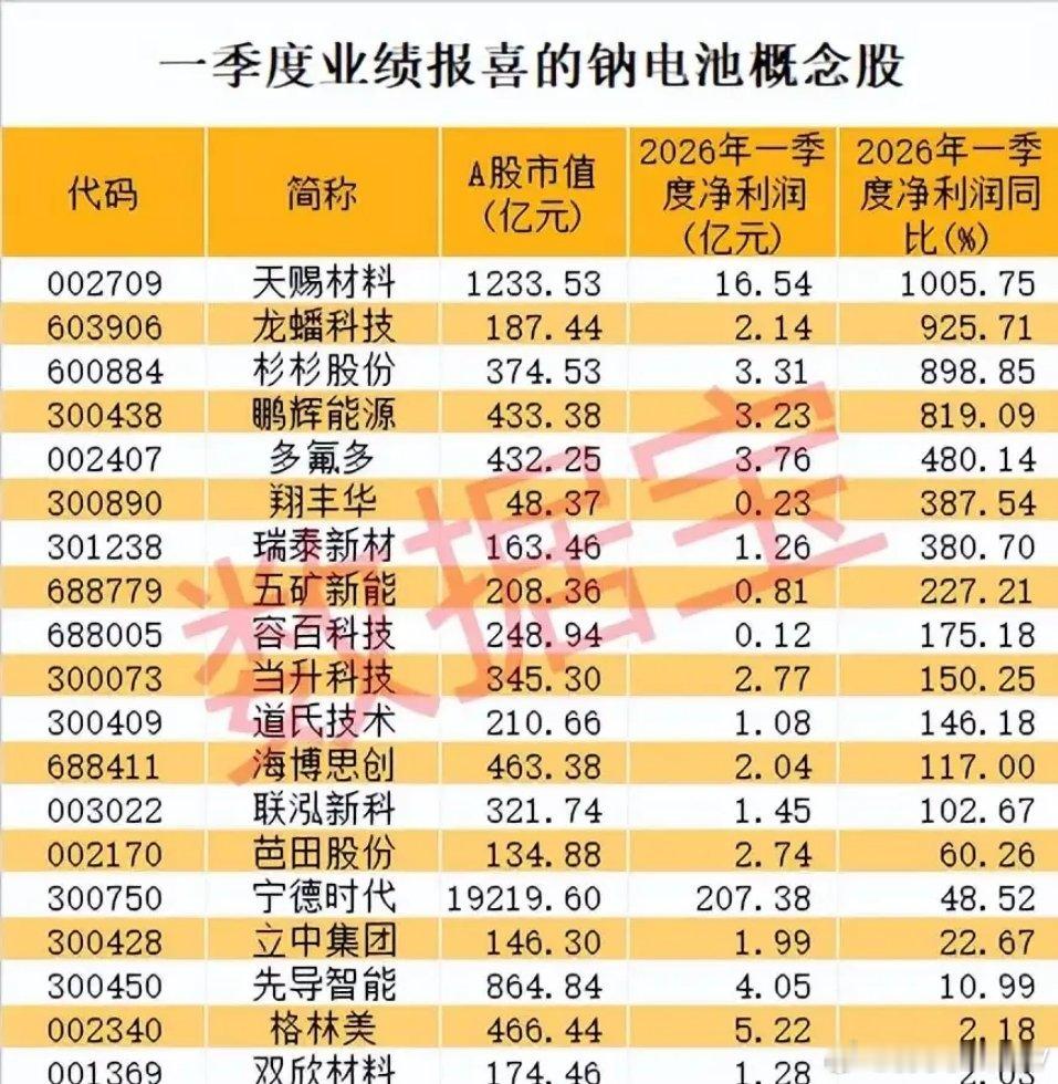 钠电池一季报喜报刷屏！多股净利暴增超10倍，龙头与黑马同台领跑！2026年一季报