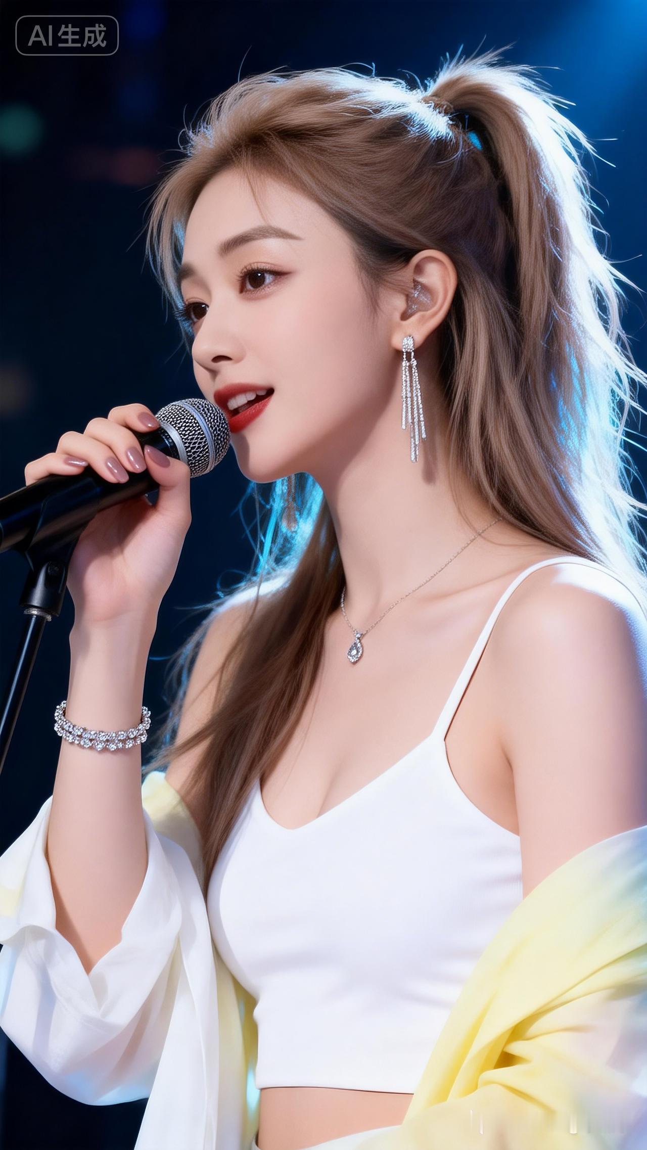 中国美人高马尾奶茶色蓬松长发，两鬓碎发自然垂落，冷白皮水嫩透亮，着白渐变黄露肩衬