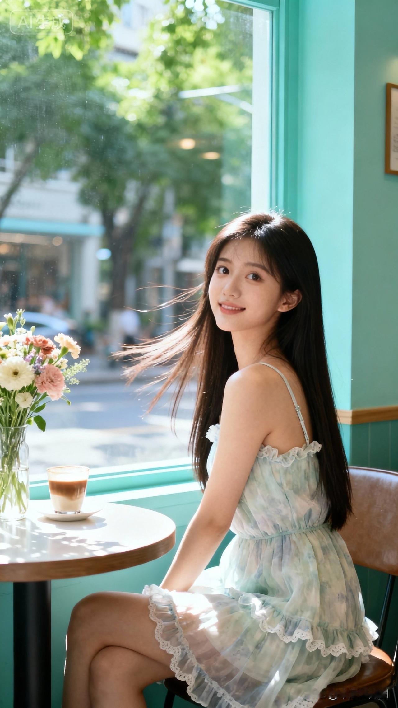 阳光洒进咖啡馆，少女微笑如花🌸