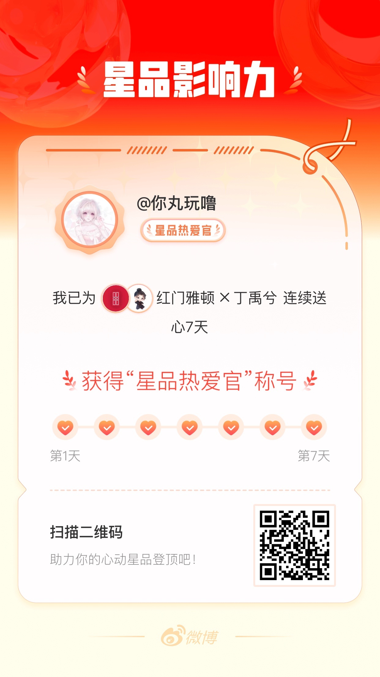 我在星品影响力上为 X 连续送心7天，获得“星品热爱官”称号！快来一起pick你