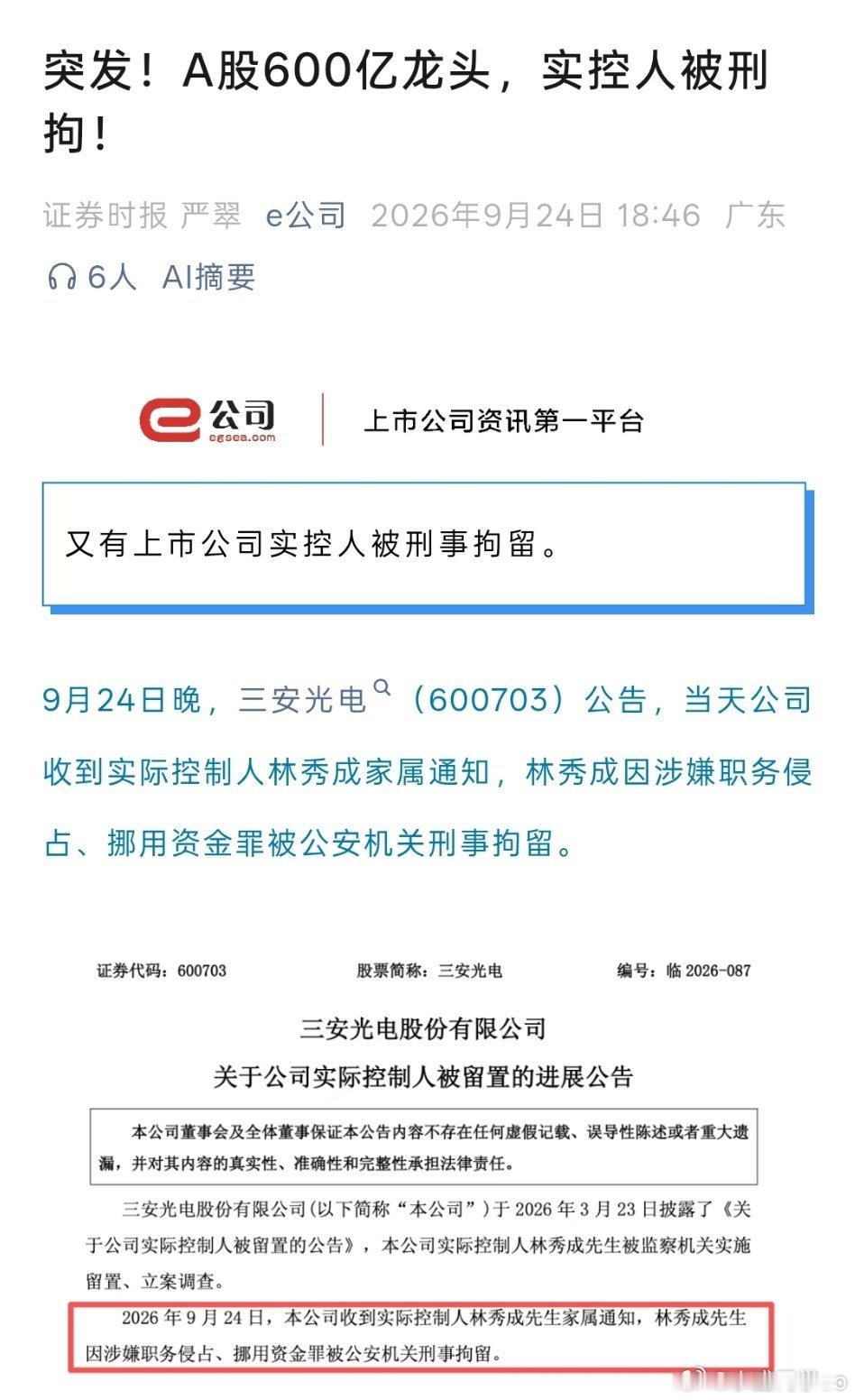 突发！A股600亿龙头，实控人被刑拘！ ​​​