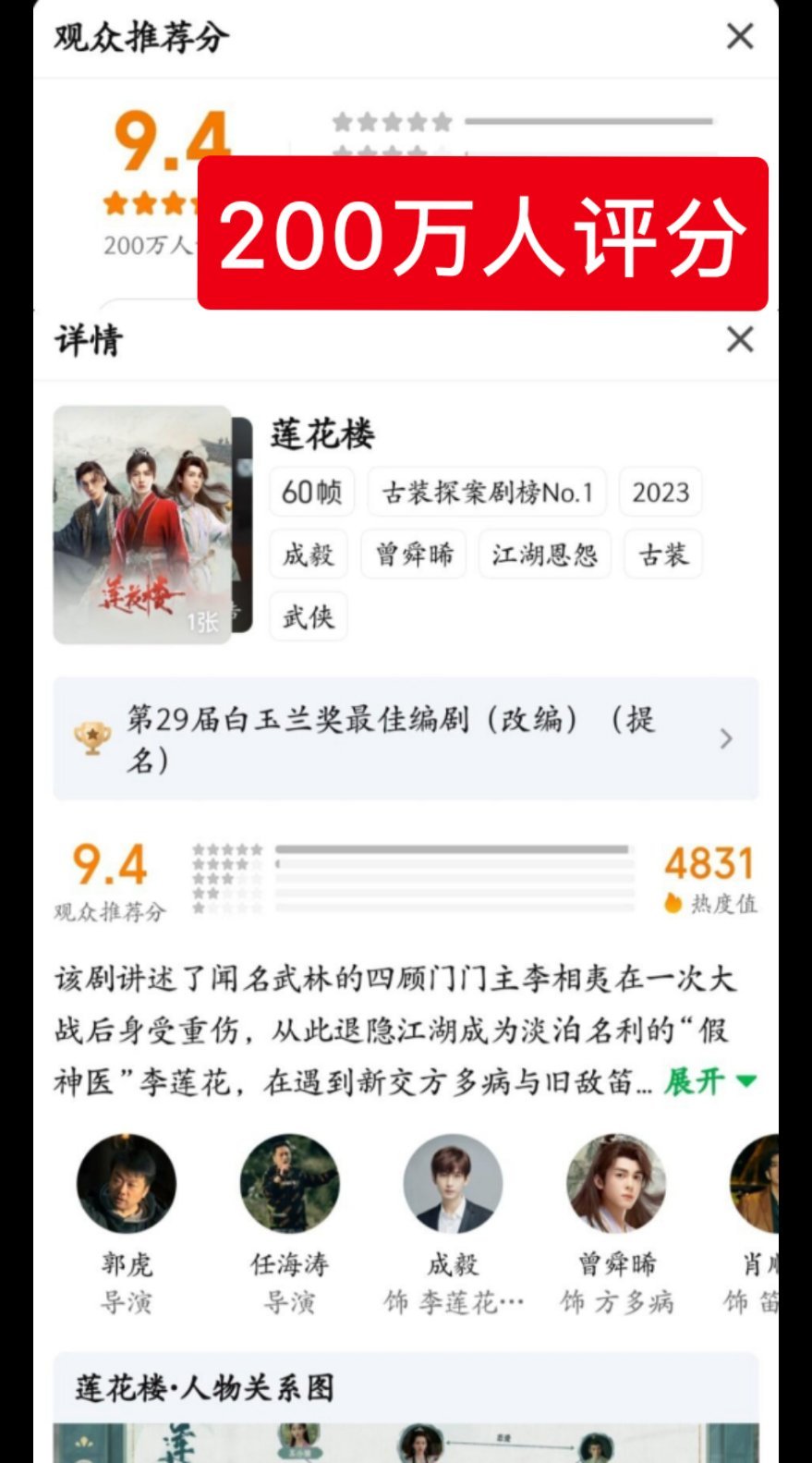 成毅《莲花楼》站内打分人数破200w，站内史冠达成。 ​​​
