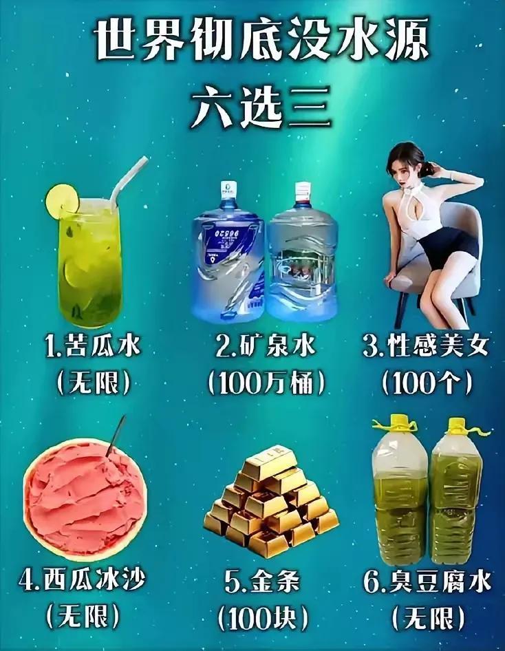 如果世界上没有了淡水的水源，让你选择你想拥有的三个选项，你打算选哪个？