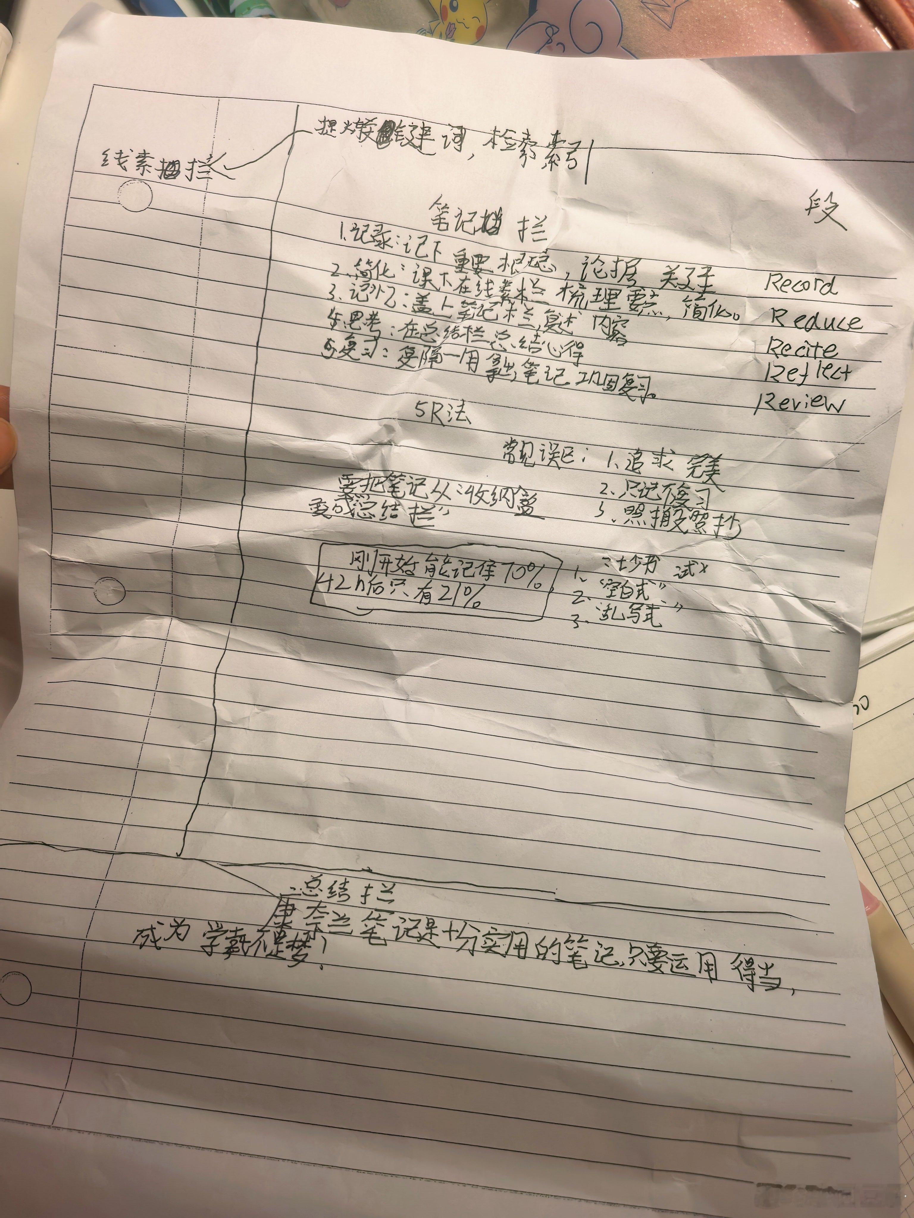 今天整理书柜，从一堆废墟中找到了康奈尔笔记大法，但开学至今没见过这样的笔记[笑c