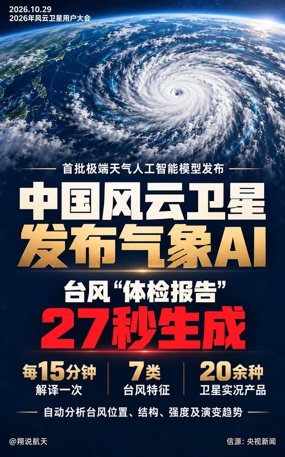 中国风云气象卫星27秒出台风报告。10月29日，首批风云气象卫星极端天气人工智能