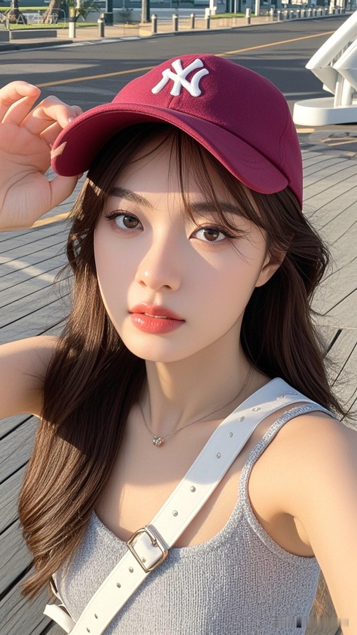 这位美女在公园里戴帽拍照。