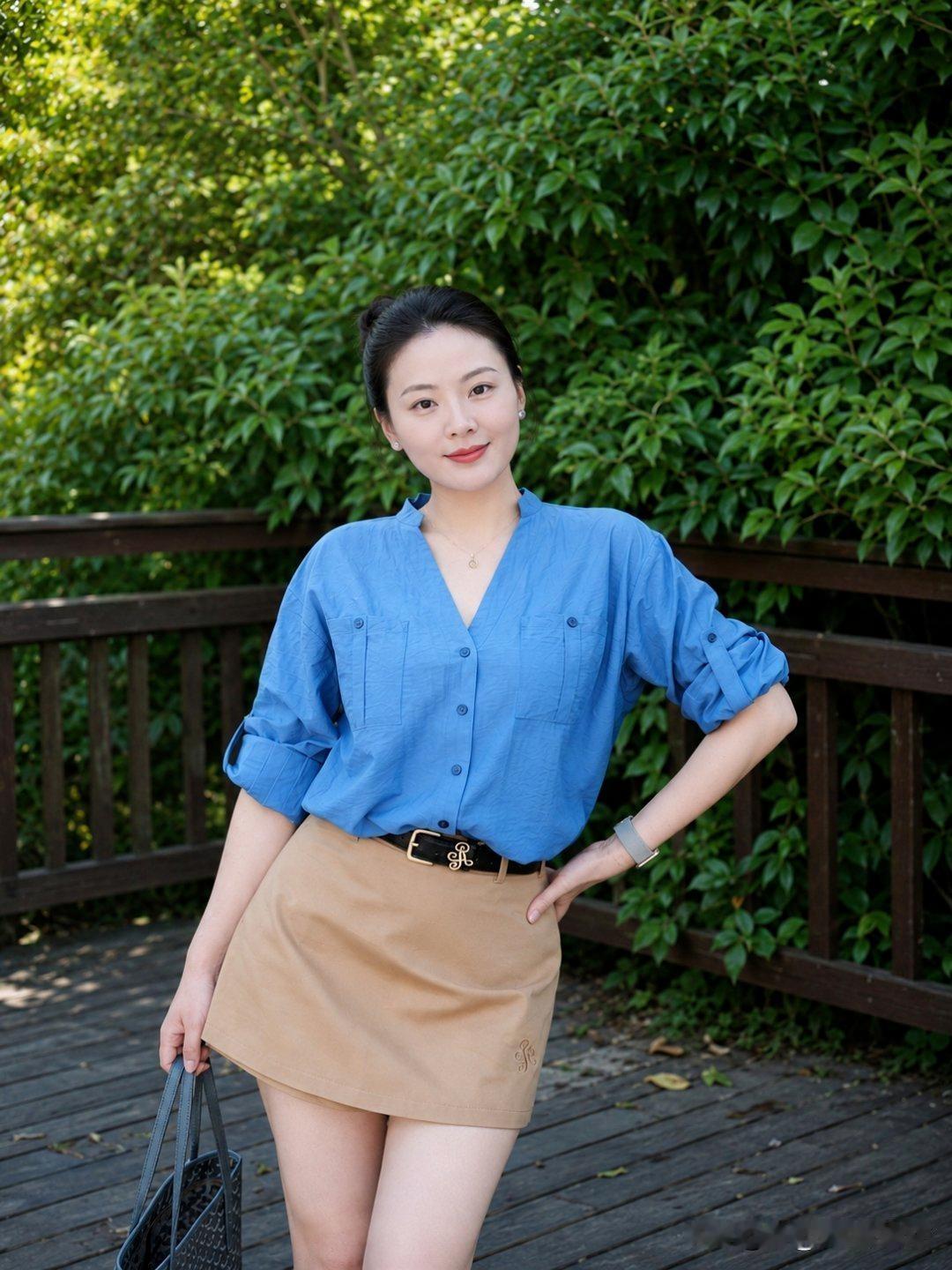 夏日穿搭指南：清爽蓝衬衫+米色短裙，轻松自在！