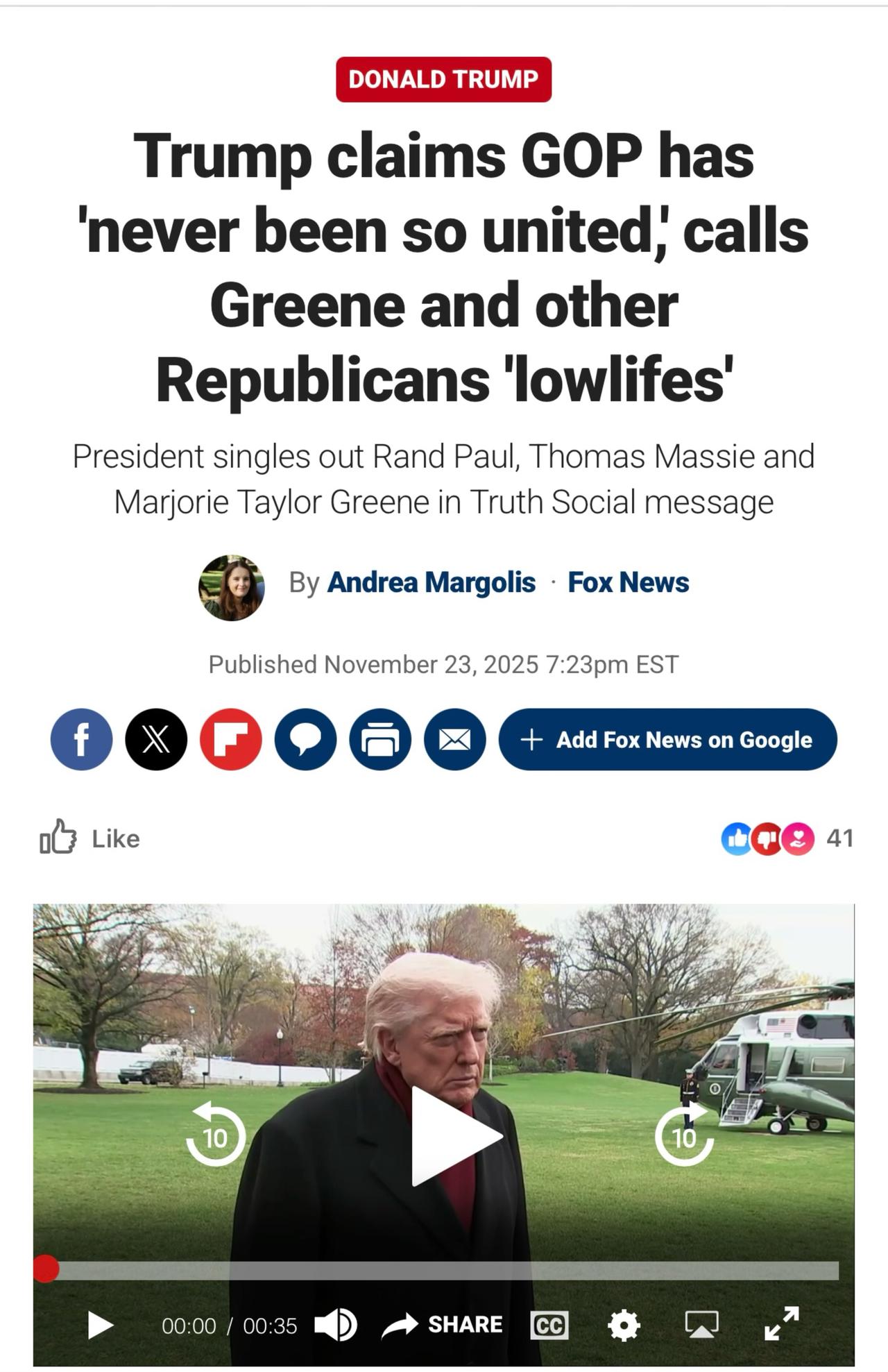 特朗普声称共和党“从未如此团结”，并称格林和其他共和党人是“人渣”。

当地周日