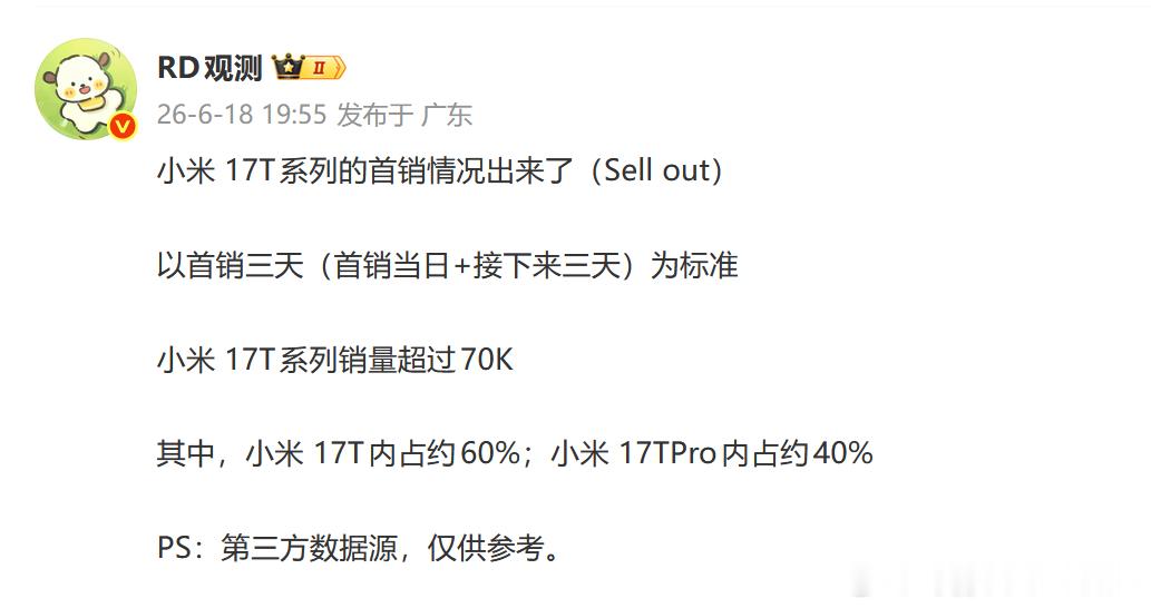 小米 17T 系列好像卖的还不错？ 