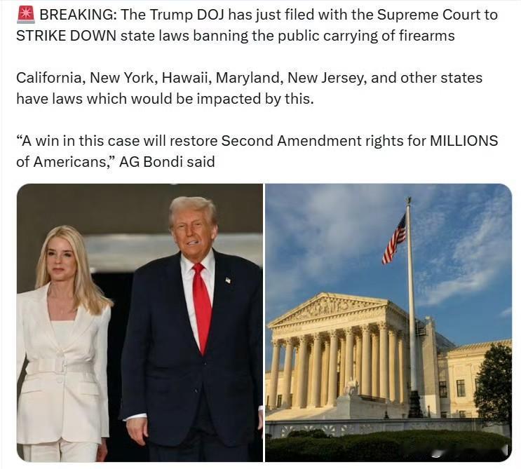 美国司法部向最高法院提交文件，要求推翻各州禁止公开携带枪支的法律。

加利福尼亚