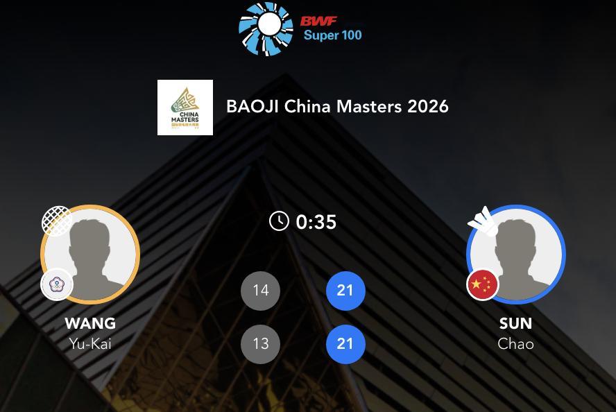 孙超🇨🇳 21-14、21-13 王渝凯半决赛对手：秦野陆🇯🇵 vs ?
