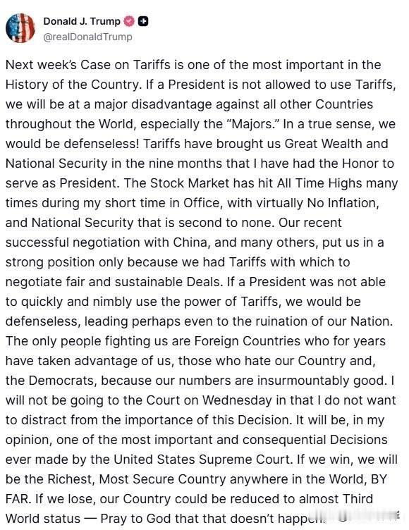 川普就即将到来的关税判决发表看法。
“下周关于关税的案子是我国历史上最重要的案件