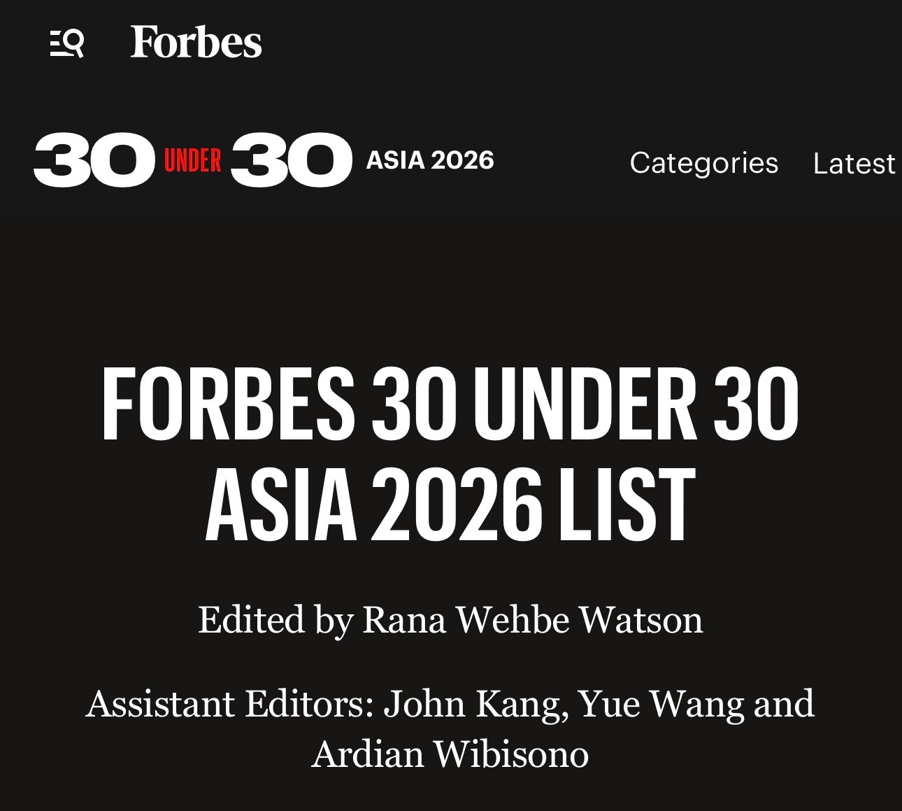 王一博就是世界最顶级的青年代表——近日入选2026年福布斯亚洲30位30岁以下精