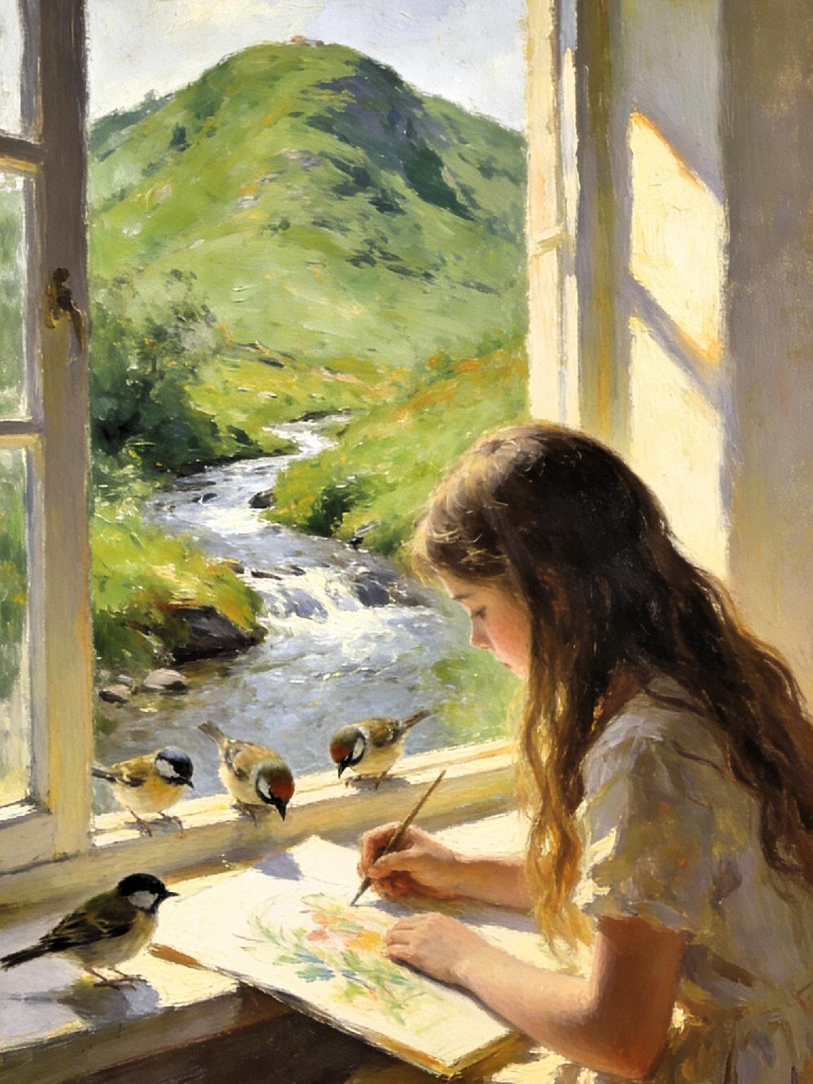 女孩坐在窗前，专注地在画纸上描绘，微卷的长发，被阳光镀上一层柔光。

窗外绿意盎